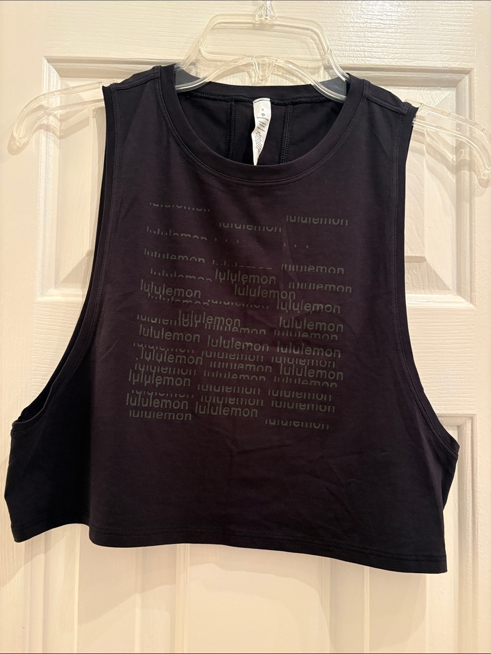 lululemon black cropped muscle tank with repeated logo